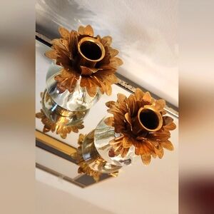 PAIR of Hollywood Regency Glass Ball Gold Pineapple Leaf Candle Holder MCM